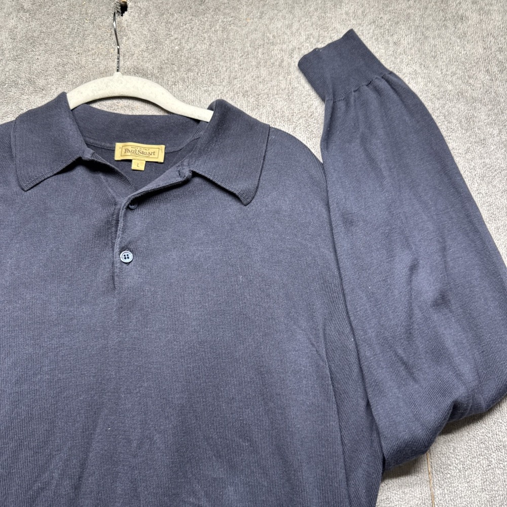 Paul Stuart Made in Italy Long Sleeve Polo Shirt Navy Blue 100% Cotton‎ Large